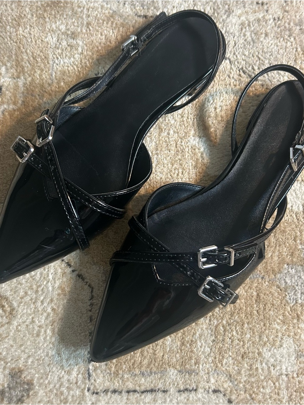 Madden Girl Black Pointed Patent Slingback Flats with Silver Buckles